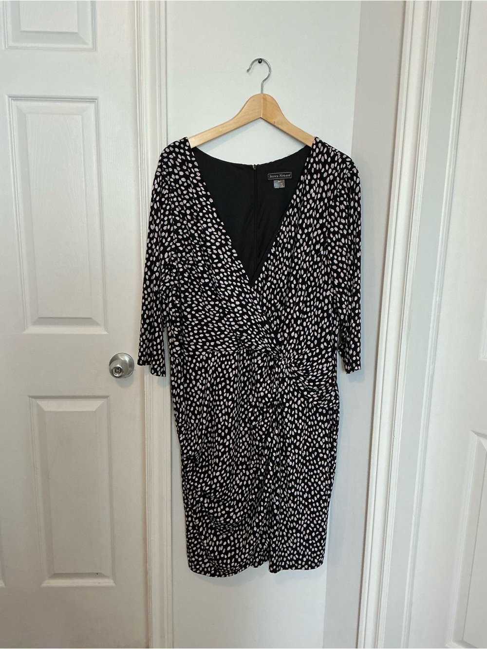 Jessica Howard Black, Taupe, & White Printed Wrap Dress